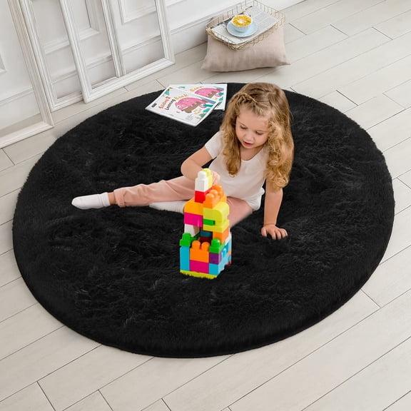 Chloelov Round Fluffy Faux Fur Area Rug, Black, Cozy Non-Slip Plush Carpet, 3' x 3', Skin-friendly