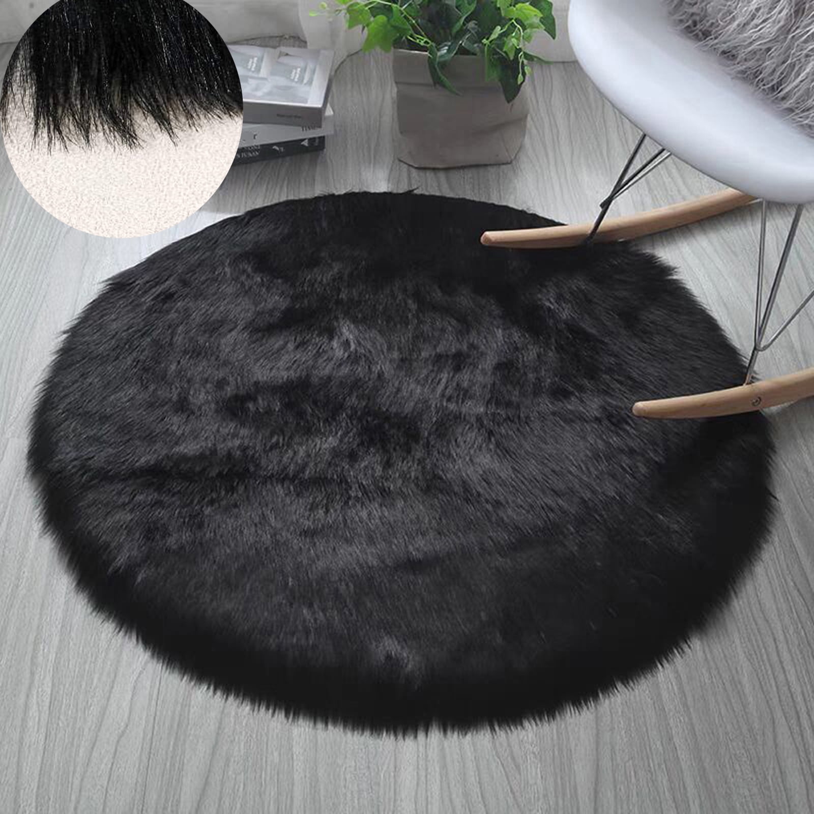 Soft Round Fur Area Rug 2.3x2.3ft Shaggy Fluffy Rugs Black Plush Circle ...