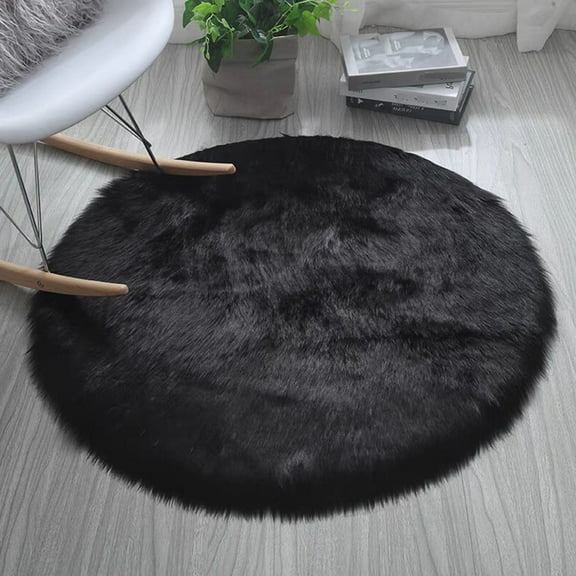 Soft Round Fur Area Rug Diameter 2ft Black Circular Shaggy Rug Round Fluffy Rugs Plush Circle Floor Mat Carpet