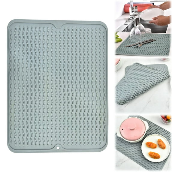 Soft Rubber Dish Drying Mat for Kitchen Flexible Non Slip Drain Board for Dishes Glassware Heat Resistant Counter Protector Dark Blue,1PC,Grey