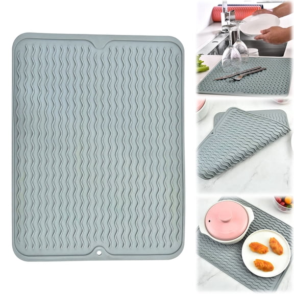 Soft Rubber Dish Drying Mat for Kitchen Flexible Non Slip Drain Board for Dishes Glassware Heat Resistant Counter Protector Dark Blue,1PC,Grey