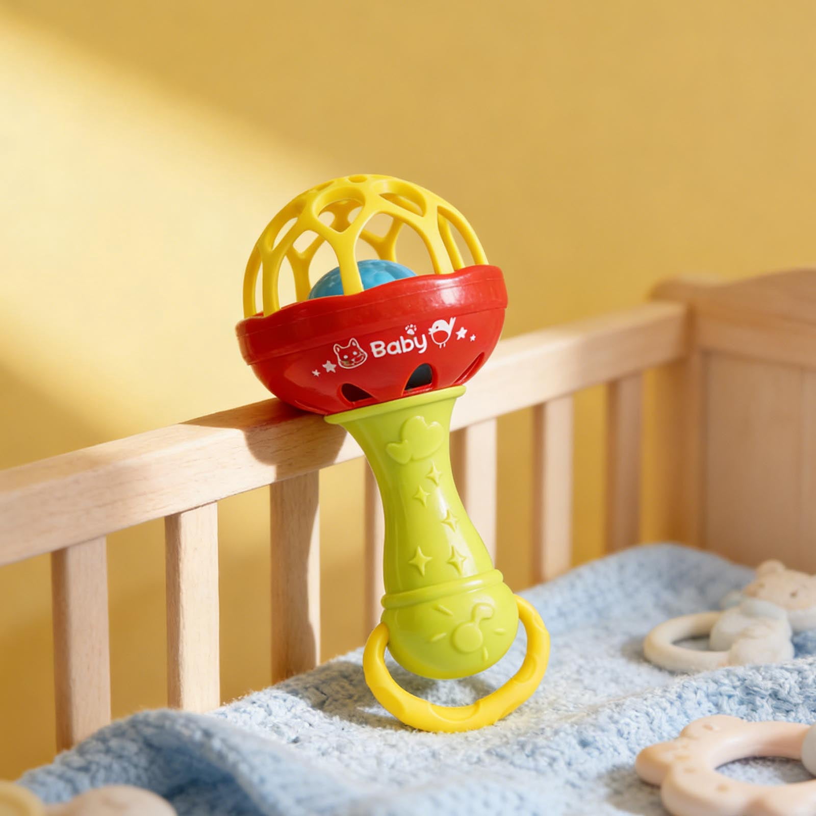Soft Rubber Rattle Ball Grasping Toy - Soothe Bell Rattle with Textured ...