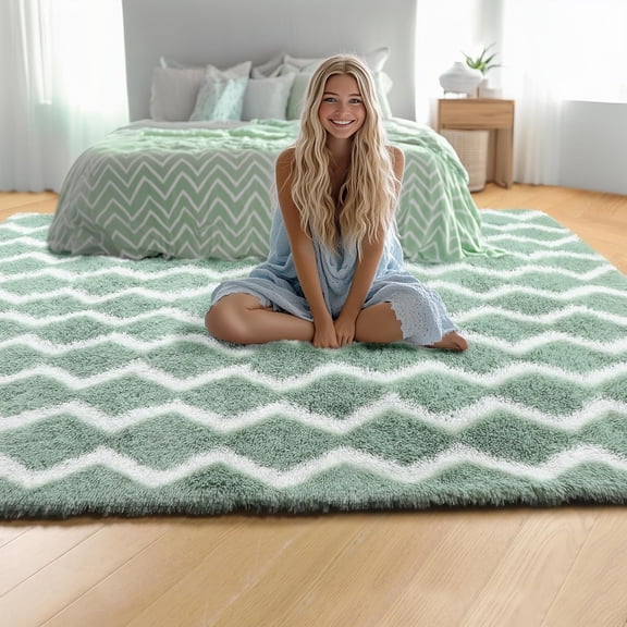 Soft Rug 5x8 Washable, Shaggy Fluffy Striped Shag Rugs for Living Room Bedroom Baby Nursery Girls Boys Kids Room Teens Dorm, Non-Slip Plush Chevron Indoor Floor Area Rug, Sage Green and White