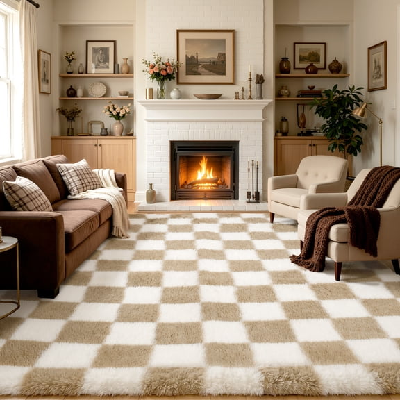 UNTIMATY 5'x8' Rugs for Living Room, Fluffy Soft Rugs Carpets for Living Room Bedroom High-Plie Washable Checkered Rugs, Beige & White