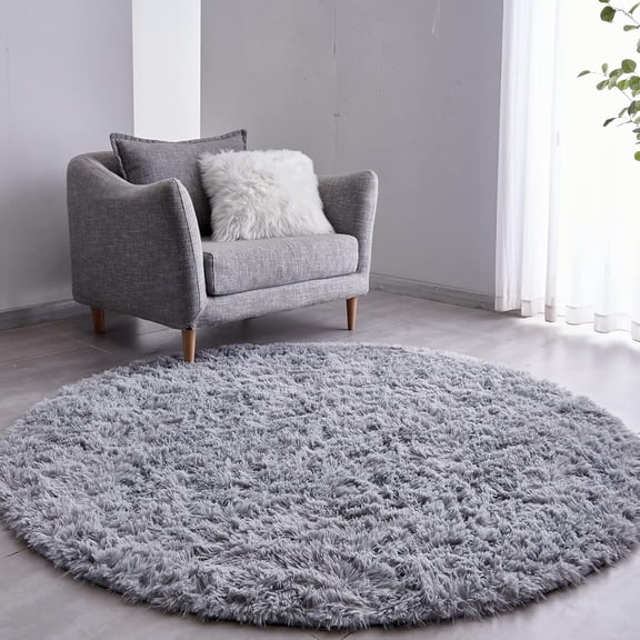 Soft Rugs for Living Room,4*4 ft Gray Round Fluffy Shag Area Rugs,Shaggy Plush Nursery Carpet,Non Slip Circular Carpet for Bedroom and Teens Living Room,Home Decor