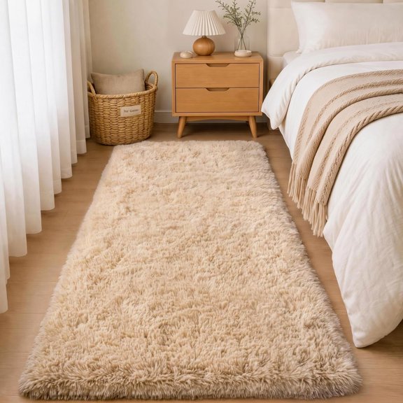 Soft Runner Rug 2x6, Fluffy High Pile Memory Foam Mat, Beige, Hallway and Bedroom, 1 Pc