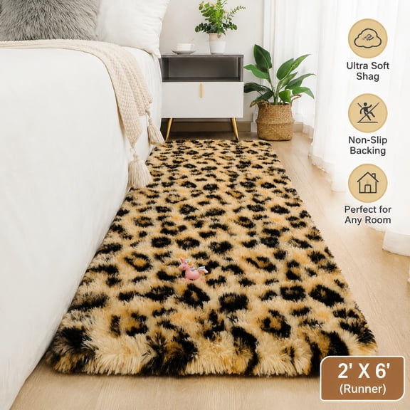 Soft Runner Rugs for Bedroom, 2x6 Fluffy Khaki Leopard Print Runner Rug