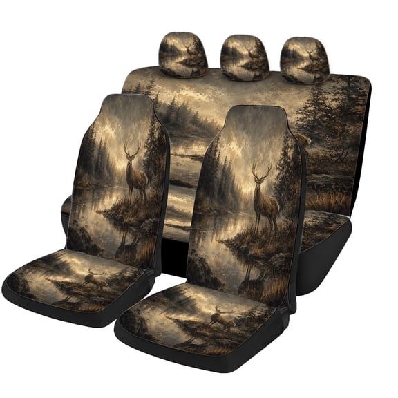 Soft Rustic Deer Forest Car Seat Covers Full Set, Universal Auto Seat Covers with Front Seat Covers, Rear Bench Cover and Headrest Covers for Cars SUVs Trucks Vans