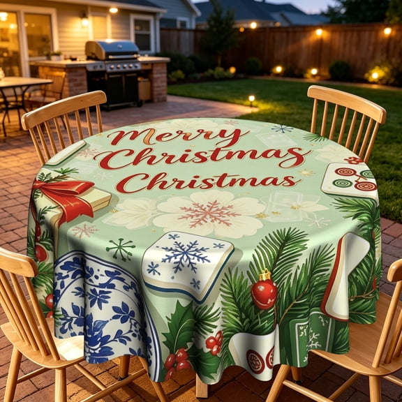 Soft Sage Green Xmas Cup Pine Cone Snowflake Round Tablecloth, Polyester, Home Table Decor For Family Dinner Gathering