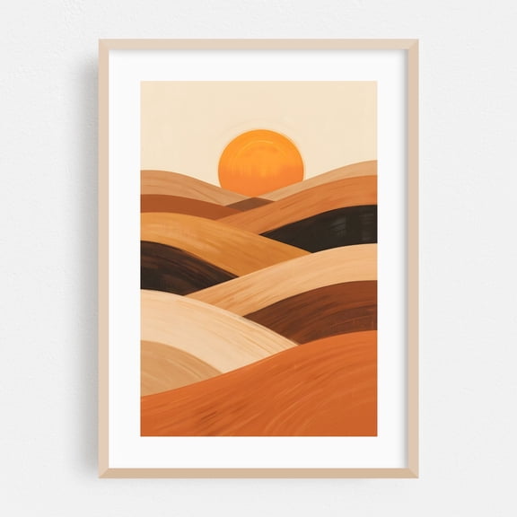 Soft Sand Waves at Sunset - Painting Abstract Desert Sunset Geometric Minimalist Landscape Modern Art Oak Framed Wall Art Print 20 x 30 inches