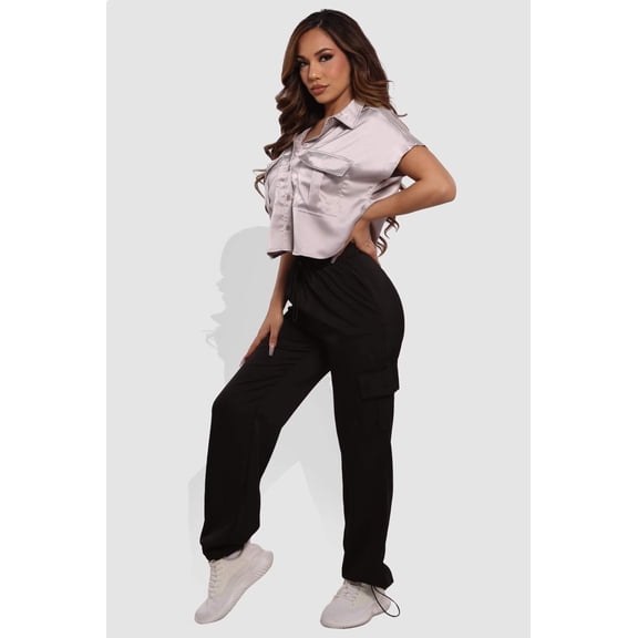 Soft Satin Bungee Cargo Sweatpants - Black