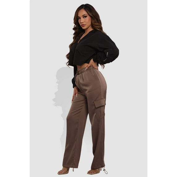 Soft Satin Bungee Cargo Sweatpants - Dark Taupe