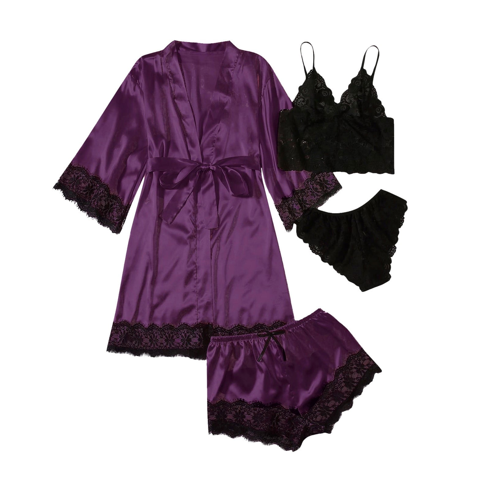 Soft Satin Pajama Set for Women 4 Piece Homewear Outfits Floral Lace