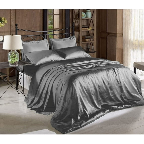 Soft Satin Pillowcase+Fitted+Flat Bed Sheet Set Solid Color Deep Pockets New