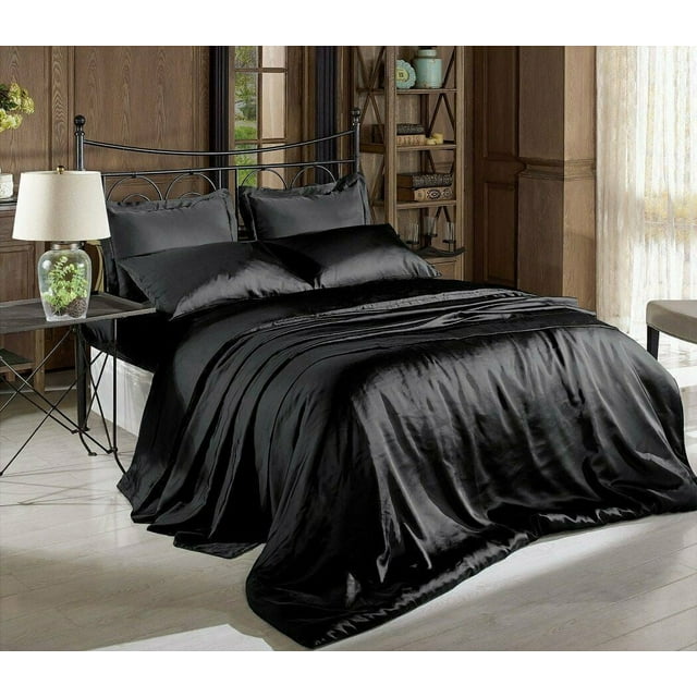 Soft Satin Pillowcase+Fitted+Flat Bed Sheet Set Solid Color Deep
