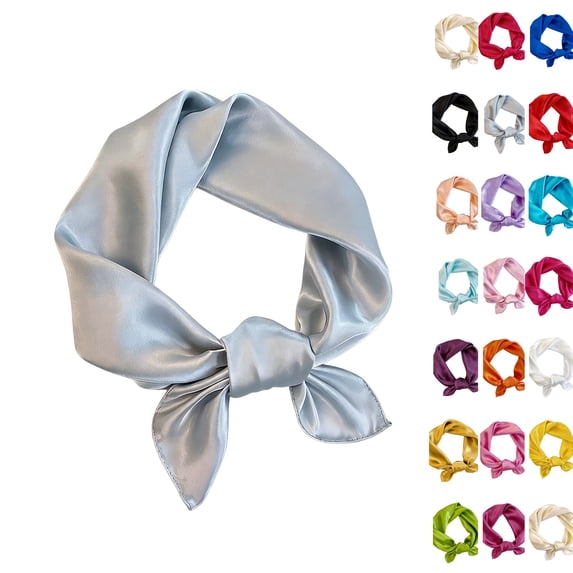 Soft Satin Square Bandana Scarf, Solid Color Knotted Neck Scarf Headband, Silky Lightweight Fashion Hair Wrist Wrap Scarves for Daily Wear Party Decoration, Assorted Colors Light Gray