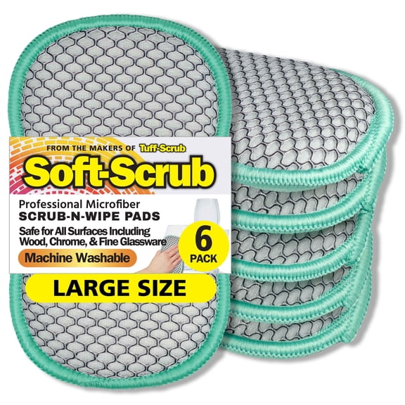 Soft-Scrub by Tuff-Scrub Microfiber Scrub-N-Wipe Cleaning Sponge Pads, Delicate Multi-Surface, Non-Scratch Scrubbing & Wiping, Pack of 6