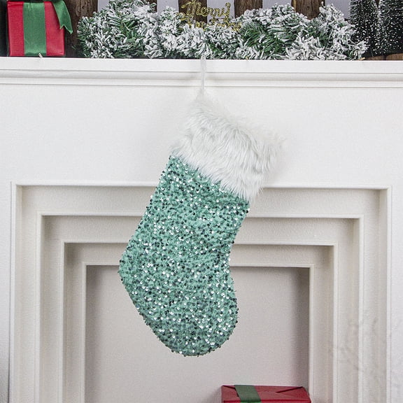 Soft Sequin Stocking - Mint Green polyester gift socks display seasonal tones. The print gives winter cheer for Tree, Hall, and Shelf Decor