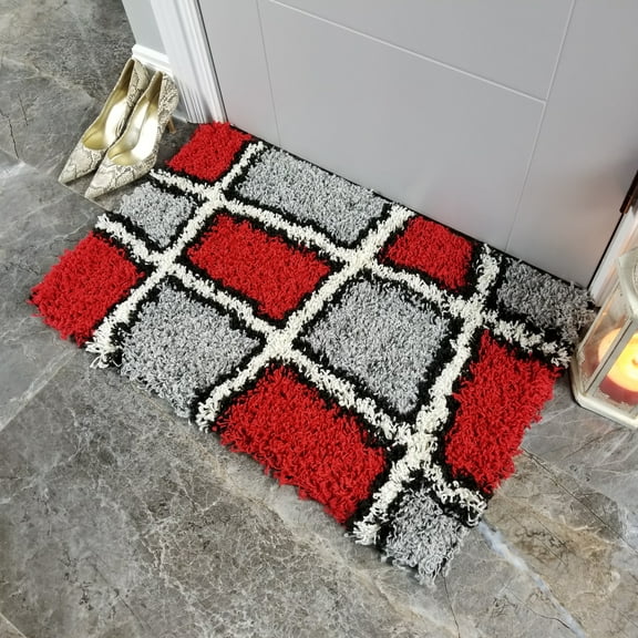 Soft Shag Area Rug 20" x 31" | Doormat Accent | Geometric Tile Design Red Ivory Black Grey Shaggy Rug - Contemporary Area Rugs for Living Room Bedroom Kitchen Decorative Modern Shaggy Rugs