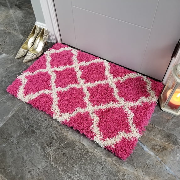 Soft Shag Area Rug 20" x 31" | Doormat Accent |Moroccan Trellis Pink Ivory - Contemporary Area Rugs for Living Room Bedroom Kitchen Decorative Modern Shaggy Rugs