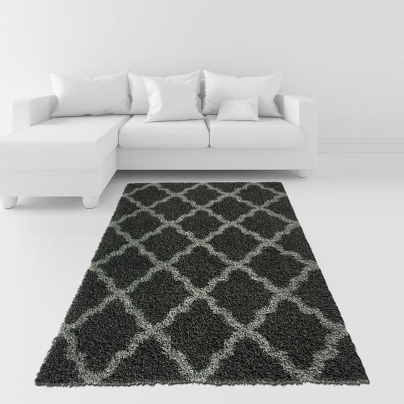 Soft Shag Area Rug 3x5 Moroccan Trellis Charcoal Grey Shaggy Rug - Contemporary Area Rugs for Living Room Bedroom Kitchen Decorative Modern Shaggy Rugs