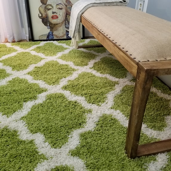 Soft Shag Area Rug 3x5 Moroccan Trellis Green Ivory Shaggy Rug - Contemporary Area Rugs for Living Room Bedroom Kitchen Decorative Modern Shaggy Rugs