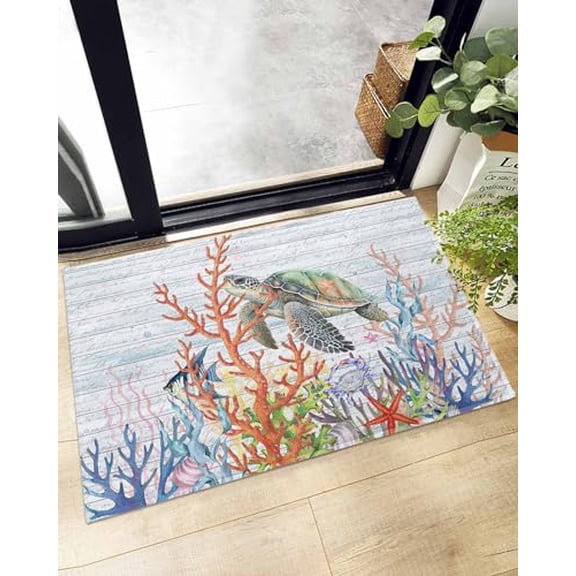 Soft Shag Doormat Ocean Sea Turtle Coastal Coral,Non Slip Bath Rug Absorbent Mat Underwater World Retro Letter,Washable Door Mats for Kitchen,Bathroom,Laundry Entrance 20x32 Inch