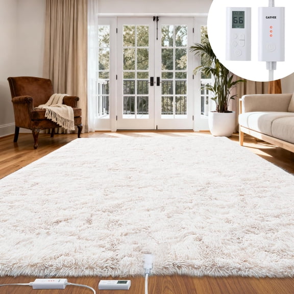Soft Shaggy Electric Heated Floor Mat - 3 Heat Levels, 10H Auto Shut-Off, Washable Large Rug for Bedroom, Living Room - Standard Size, Beige