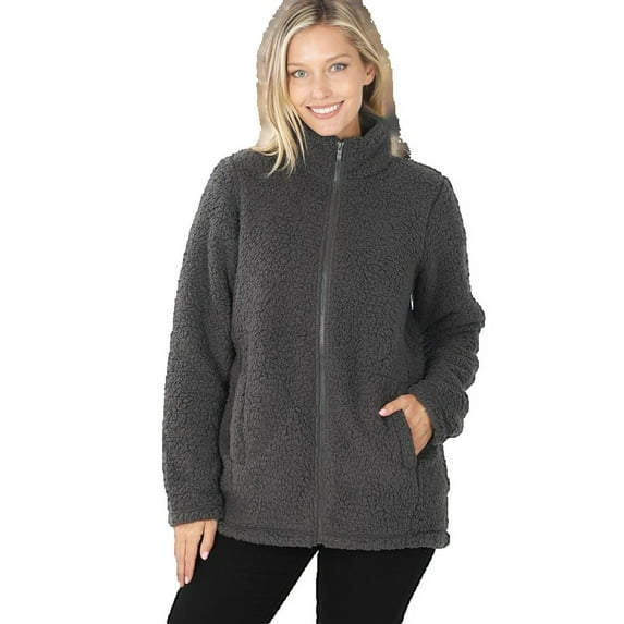Soft Sherpa Zipper Front Jacket Faux Shearling (Large, Ash-Grey), Large, Ash-Grey