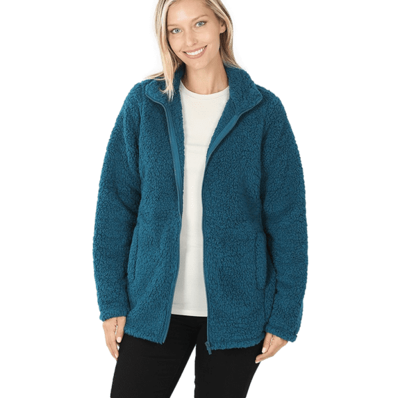 Soft Sherpa Zipper Front Jacket Faux Shearling (Large, Teal), Large, Teal