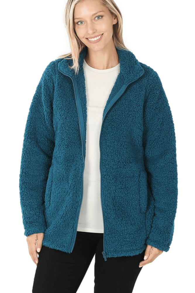 Soft Sherpa Zipper Front Jacket Faux Shearling (XL, Teal), XL, Teal