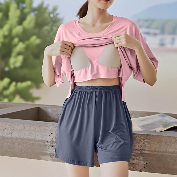 Soft Shorts Pajamas Set for Women Built-in Bra Summer Loose Short Sleeve Sleepwear Comfy 2 Piece Pjs Lounge Sets Pinky XXL