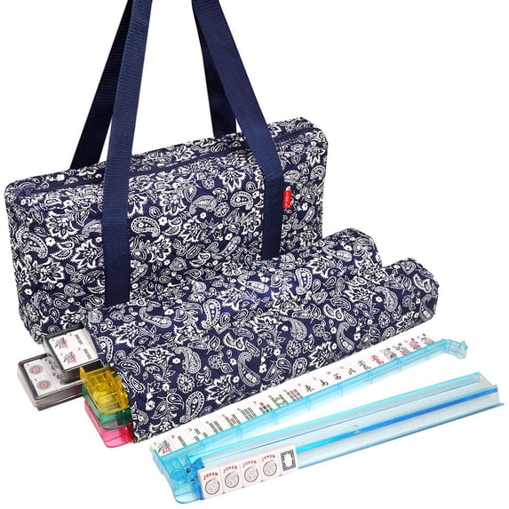 Soft-Sided American Mah Jongg Set by Linda Li with White Tiles and Modern Pushers - Blue Paisley Soft Bag