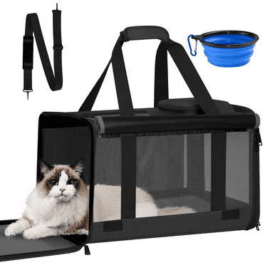 Cat Carrier, Large Cat Carrier for Small Medium Dogs Cats, Foldable Soft-Sided Cat Carriers Under 25lbs with a Bowl, Mat, Travel Car Cat Carries for Outdoors, TSA Airline Approved,Black