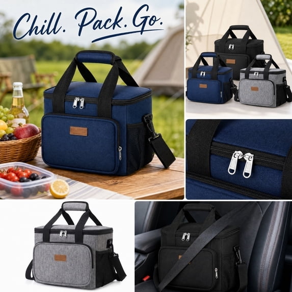 Soft Sided Cooler Bag, Large Insulated Lunch Bag, Lunch Bag with Shoulder Strap, Collapsible Cooler Bag, Gray 13X10X9 Inch Insulated Tote for Car Road Trips, Picnics, Outdoor