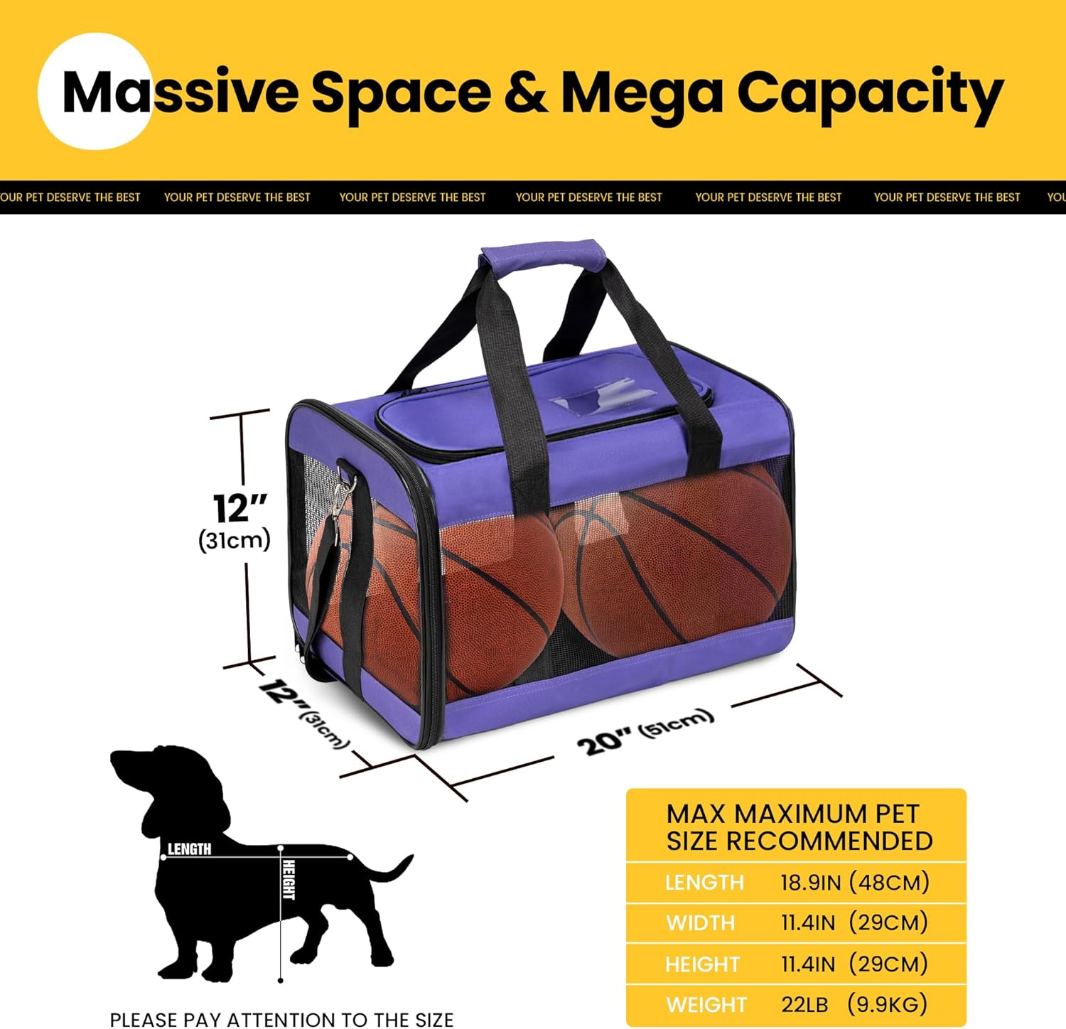 Soft Sided Dog  with Safety Leash, Large   for Pets  to 20 Lbs, Collapsible Travel Bag -