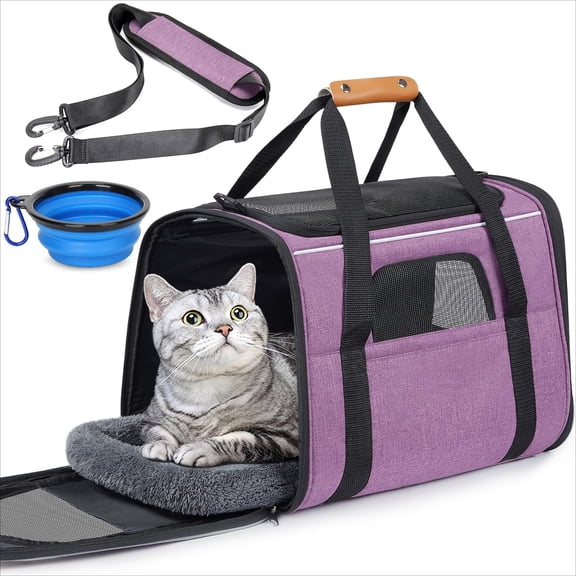 Soft-Sided Escape-Proof Pet Carrier for Large Cats and Small Dogs Up to 25 lbs, Portable Travel Carrier with Locking Zippers, Dual-Sided Cushion, Safety Car Buckle, and Foldable Travel Bowl