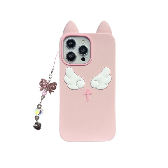 Soft Silicone Case for iPhone 16 Pro Max with 3D Cat Ears, Angel Wings & Cross, Y2K Fashion, Full Protection, Bow Tie Hanging Chain,Pink