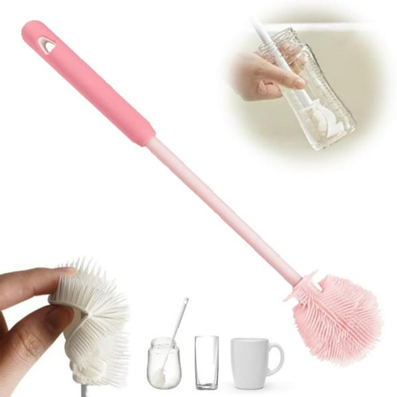 Soft Silicone Cup Brush – 360-Degree Bottle Cleaner for Narrow Neck Containers | Long Handle Water Bottle Brush,Cherry Pink