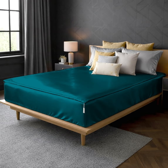 Soft Silk Sheets Zip On Fitted Sheet Full XL Size 54X80 - Includes 2 Zip On Sheets +1 Bottom Fitted Base - Fit's 16” In Deep Pocket - Easy to Use,Soft,Smooth -Fitted Sheet-Teal - Color