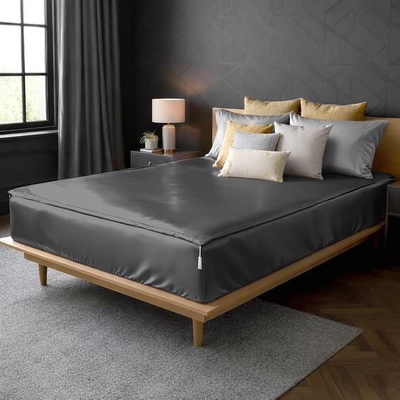 Soft Silk Zipper Fitted Sheet King Size 78X80 - Includes 2 Zip On Sheets +1 Bottom Fitted Base - Fit's 16” In Deep Pocket - Easy to Use,Soft,Smooth -Fitted Sheet -Darkgrey - Color