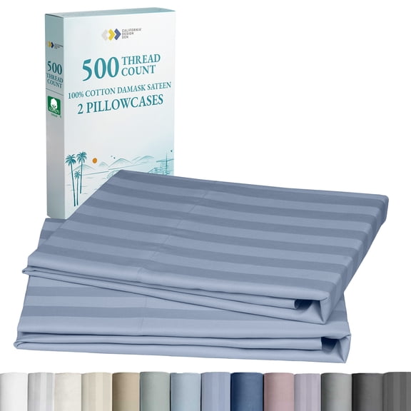 Soft & Silky 500 Thread Count 100% Cotton Sateen, Smooth With a Classic Opening, Set of 2 King Pillow Cases (Damask Stripe - Light Blue)