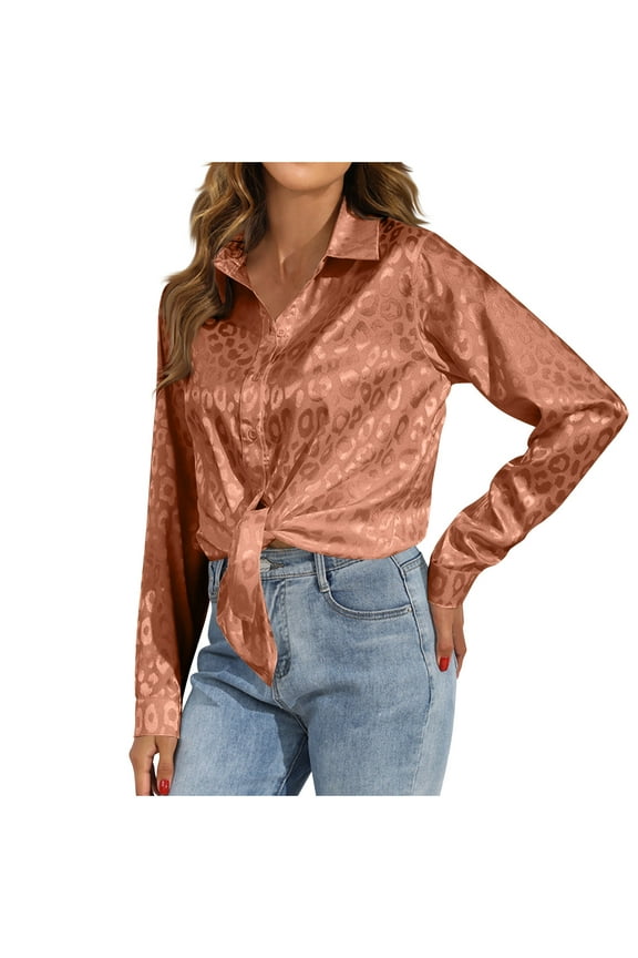 Soft Silky Satin Shirts for Women Button Down Collared Blouses Leopard Print Solid Long Sleeve Dressy Casual Tops (L, Khaki)