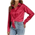 thumbnail image 1 of Soft Silky Satin Shirts for Women Button Down Collared Blouses Leopard Print Solid Long Sleeve Dressy Casual Tops (L, Red), 1 of 5