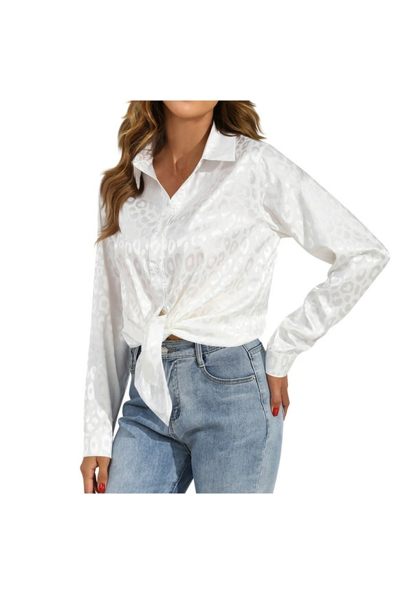 Soft Silky Satin Shirts for Women Button Down Collared Blouses Leopard Print Solid Long Sleeve Dressy Casual Tops (S, White)