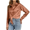thumbnail image 1 of Soft Silky Satin Shirts for Women Button Down Collared Blouses Leopard Print Solid Long Sleeve Dressy Casual Tops (XL, Khaki), 1 of 2