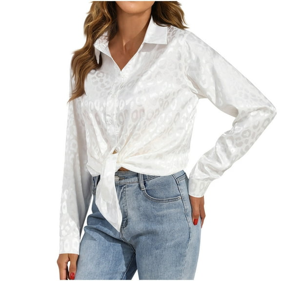 Soft Silky Satin Shirts for Women Button Down Collared Blouses Leopard Print Solid Long Sleeve Dressy Casual Tops (XL, White)