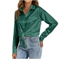 thumbnail image 1 of Soft Silky Satin Shirts for Women Button Up Collared Blouses Leopard Print Plain Long Sleeve Dressy Casual Tops (XL, Green), 1 of 5