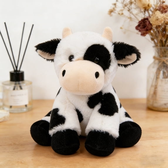 Soft Sitting Cow Plush Toy Realistic Farm Animal Stuffed Doll for Decor & Collectors(White-23cm)