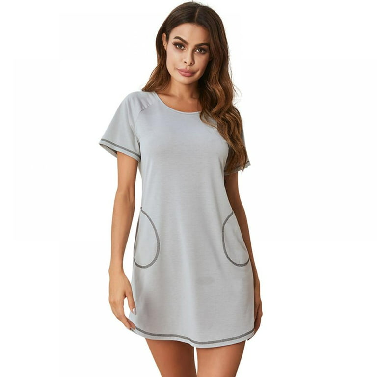 Sexy Lingerie Print T-shirt, Solid Long Crew Neck Nightgown, 50% OFF